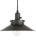 Go-To Pulley System Floor Lamp With Wide Brim Fabric Shade In Aged Steel Finish, shown with exposed bulb and bell shade