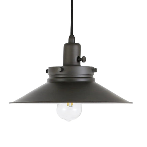 Go-To Pulley System Floor Lamp With Wide Brim Fabric Shade In Aged Steel Finish, shown with exposed bulb and bell shade