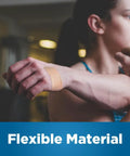 Woman stretching with Flexible Fabric Adhesive Bandages For Wounds And Scrapes on hand, breathable fabric material visible