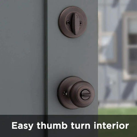 Cove Entry Knob And Single Cylinder Deadbolt Combo Pack in Venetian Bronze showing easy thumb turn interior view.