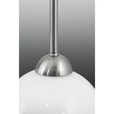 Close-up of Carisa Three Light Chandelier In Brushed Nickel Finish With Glossy White Glass Globes For Modern Living And Dining Rooms
