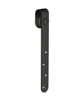Mini Barn Door Hardware Kit for Double Cabinets in Matte Black, Classic Strap Design, side view of metal strap with roller