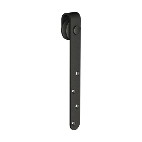 Mini Barn Door Hardware Kit for Double Cabinets in Matte Black, Classic Strap Design, side view of metal strap with roller