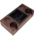 Premium Walnut Coffee Tamping Station With Adjustable Height Base And Stainless Steel Knock Box, wooden structure with knock box.