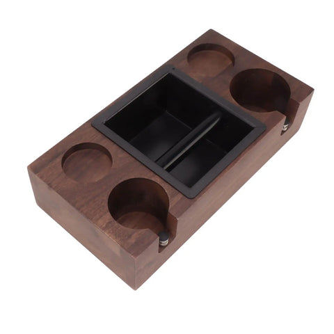 Premium Walnut Coffee Tamping Station With Adjustable Height Base And Stainless Steel Knock Box, wooden structure with knock box.