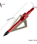 Close-up of a red 100 grain broadhead from 20 Inch Carbon Crossbow Bolts With Broadheads Set For Hunting And Outdoor Practice.