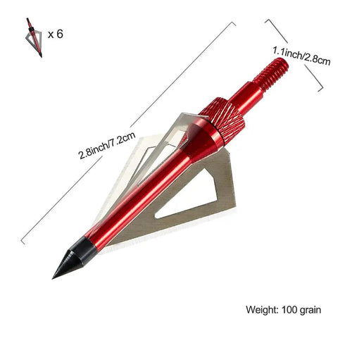 Close-up of a red 100 grain broadhead from 20 Inch Carbon Crossbow Bolts With Broadheads Set For Hunting And Outdoor Practice.
