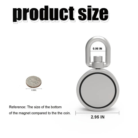 Double Sided 360 Rotatable Neodymium Magnet Fishing Kit, 2.95 Inch Diameter, 1000 Lb Total Pull next to coin for size comparison