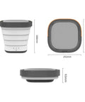 Portable Foldable Washing Machine Mini Washer Game Changer design dimensions shown in various angles, compact size for easy storage.