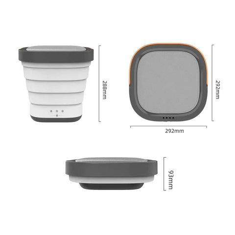 Portable Foldable Washing Machine Mini Washer Game Changer design dimensions shown in various angles, compact size for easy storage.