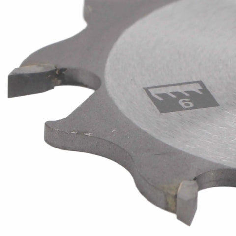 Close-up of 4 Inch 6 Tooth Carbide Biscuit Joiner Blade with 22mm Bore Replacement Plate for Woodworking Pro Grade Durability Thin Kerf