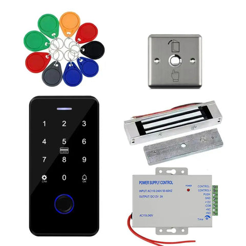 All In One Door Entry Security Kit With Waterproof Fingerprint And RFID Keypad Built Tough 180Kg Magnetic Lock 12V 3A Power Supply Stainless Steel Exit Button And 10 Key Fobs