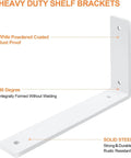 Rock Solid White Floating Shelf Brackets 6 Pack Heavy Duty Steel Wall Mounts 12 Inch Base Supports showing 90-degree design and rust-proof finish.