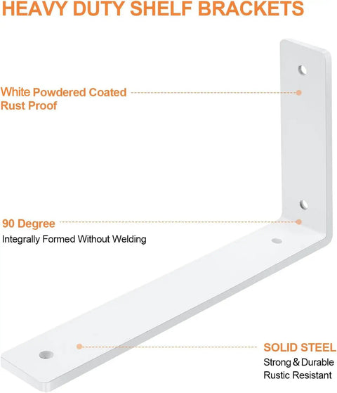 Rock Solid White Floating Shelf Brackets 6 Pack Heavy Duty Steel Wall Mounts 12 Inch Base Supports showing 90-degree design and rust-proof finish.
