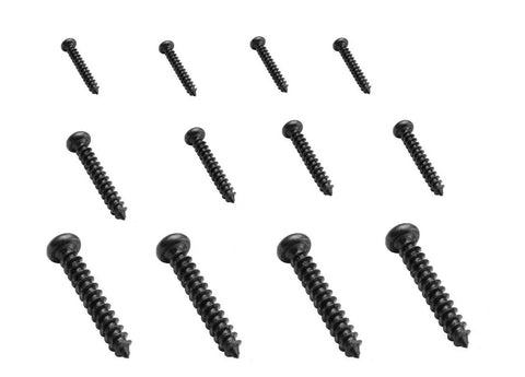 Heavy Duty M3/3mm Pan Head Self Tapping Screws Assortment Kit 500 Pack, black zinc steel screws in various sizes.