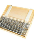 Heavy Duty 8 Piece Extra Long 18 Inch Wood Auger Drill Bit Set That Knocks Out Deep Clean Holes In Soft Or Hard Wood With Rock Solid Self Feeding Lead Screw Design in a wooden storage box.
