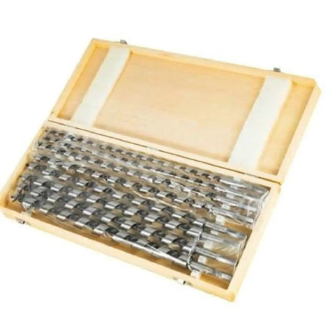 Heavy Duty 8 Piece Extra Long 18 Inch Wood Auger Drill Bit Set That Knocks Out Deep Clean Holes In Soft Or Hard Wood With Rock Solid Self Feeding Lead Screw Design in a wooden storage box.