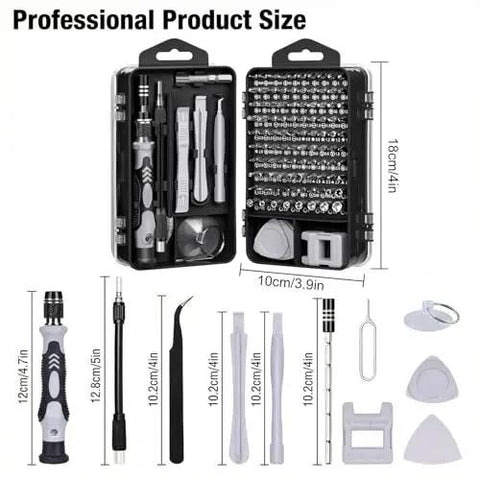 115 In 1 Precision Screwdriver Set For Phone Computer Watch Console Eyeglasses And Electronics Portable Gray Pro Repair Tool Kit with organized case and tools displayed