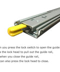 Close-up of a Heavy Duty Soft Close Drawer Slides With Locking Rails, 14 Inch Full Extension, showcasing yellow lock mechanism.