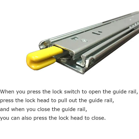 Close-up of a Heavy Duty Soft Close Drawer Slides With Locking Rails, 14 Inch Full Extension, showcasing yellow lock mechanism.