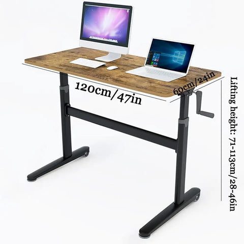 Heavy Duty Manual Standing Desk With Quick Crank Height Adjustment Sturdy Gaming Computer Workstation Smooth Brass Office Table For Study Home Workspace Setup That Really Kicks Butt with dual monitors and measurements shown.