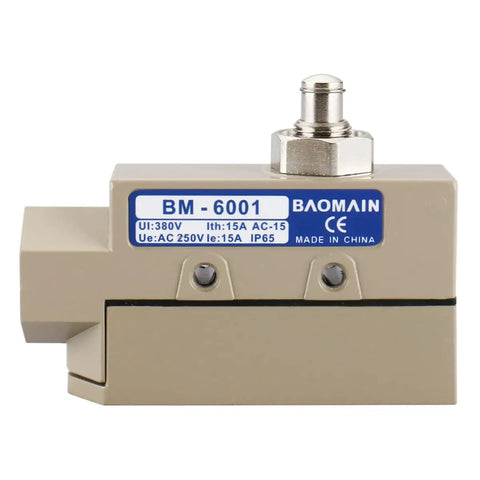 Side view of Sealed TZ-6001 Limit Switch with plunger actuator, IP65 waterproof aluminum shell for industrial machinery use.