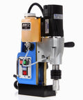 Front view of Champion AC50 portable magnetic drill press with blue body and coolant bottle