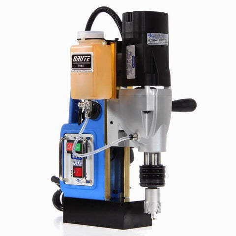 Front view of Champion AC50 portable magnetic drill press with blue body and coolant bottle