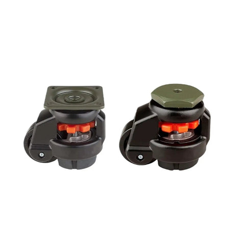 Rock Solid Industrial Leveling Caster Set Adjustable Support Roll Wheels For Heavy Machines And Workshop Carts Top Tier Heavy Duty Gear Smooth Rolling 4 Pack showing two adjustable heavy-duty casters with orange detail.