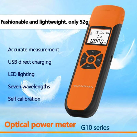 Fiber Optic Power Meter with display, black-orange body, USB charging, seven wavelengths, for testing minus 70 to plus 10 dBm range