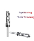 Top Quality Compression Flush Trim Router Bit 1/4 Inch Shank Made With Durable Tungsten Carbide For Cutting MDF, Plywood, And Hardwoods With Smooth Edges Perfect For Sign Carving Projects In Your Workshop. Angled view of top-bearing flush trim router bit.