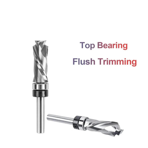 Top Quality Compression Flush Trim Router Bit 1/4 Inch Shank Made With Durable Tungsten Carbide For Cutting MDF, Plywood, And Hardwoods With Smooth Edges Perfect For Sign Carving Projects In Your Workshop. Angled view of top-bearing flush trim router bit.