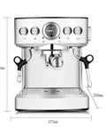 No Sweat Full Auto Bean To Cup Coffee Maker With 19 Bar High Pressure Brewing and Solid Stainless Steel Build, front view with dimensions.
