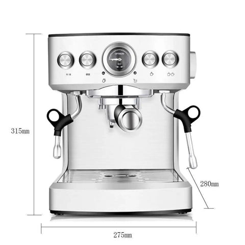 No Sweat Full Auto Bean To Cup Coffee Maker With 19 Bar High Pressure Brewing and Solid Stainless Steel Build, front view with dimensions.