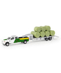 1/64 scale farm toy pickup with trailer and bale load rig, die-cast metal build, realistic dealer graphics, kid friendly