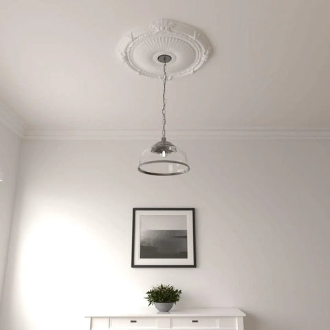 Ceiling medallion installation, Heaton style, 27.5-inch diameter, 2.25-inch projection, fits up to 6.5-inch canopies, factory primed.