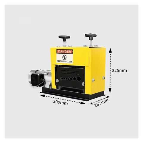 Heavy Duty Fully Automatic Electric Wire Stripper with dimensions highlighted, showing sturdy yellow housing and safety warnings.