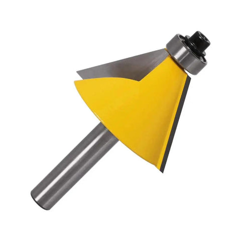 Close-up of a chamfer router bit from the Three Piece Chamfer Router Bit Set With 1/4 Inch Shank Bevel Bits In 15 22.5 And 30 Degree Angles