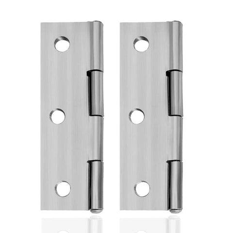 Two stainless steel door hinges, long 2.15 x 1.3 in, brushed finish.