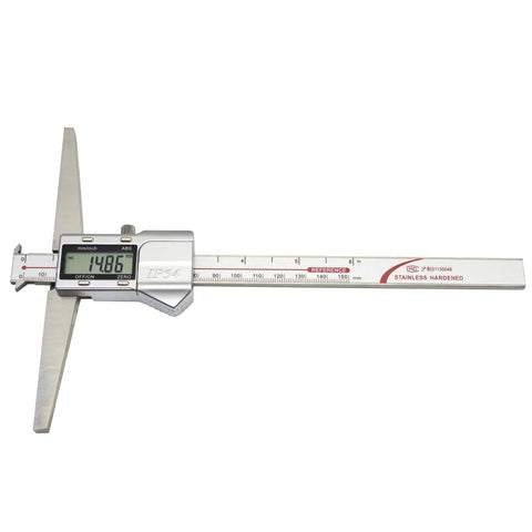 Digital Double Hook Depth Caliper With 6 Inch Base IP54 Waterproof Stainless Steel Depth Gauge with LCD display shown in side view.