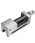 Professional Grade Right Angle Vise For CNC Milling Machines Boasting Dead Accurate Alignment Secure Holding Power Rock Solid Steel Flat Jaw Clamps For Tough Shop Grinding, close-up view of clamp showing steel construction.
