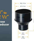 4 Inch To 2-1/2 Inch Dust Collection Reducer With Flexible Cuff And Stainless Steel Key Hose Clamps For Woodworking Hoses And Ports DIY Friendly Fitting To Connect 4 Inch Port To 2-1/2 Inch Hose And Shop Vac showing dimensions.