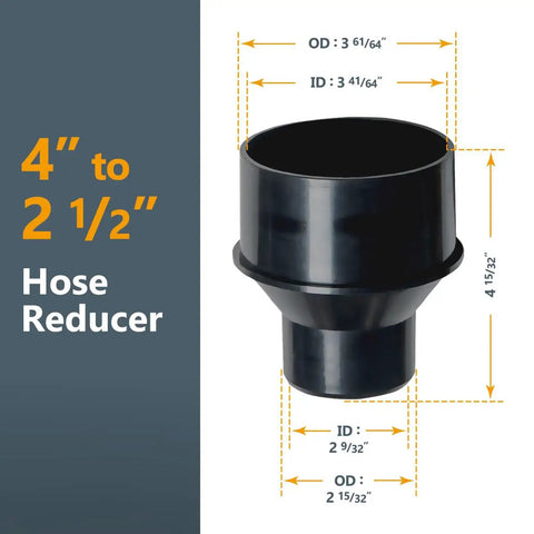4 Inch To 2-1/2 Inch Dust Collection Reducer With Flexible Cuff And Stainless Steel Key Hose Clamps For Woodworking Hoses And Ports DIY Friendly Fitting To Connect 4 Inch Port To 2-1/2 Inch Hose And Shop Vac showing dimensions.
