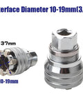 Nscdiew multi-functional sleeve socket adapter, 10–19mm range, 3/8 in hex shank, chrome metal, front and side views