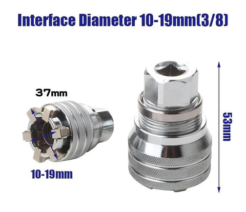 Nscdiew multi-functional sleeve socket adapter, 10–19mm range, 3/8 in hex shank, chrome metal, front and side views