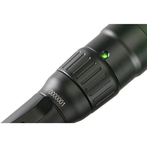 Close-up of Beast Mode Ready Heavy Duty Rechargeable Tactical Flashlight With USB Battery Aluminum Anodized Body, showing battery indicator.