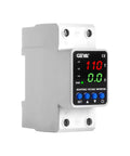 Adjustable Over and Under Voltage Protector With Digital Display For 110V DIN Rail Mount Reads Voltage Current And KWH In Real Time Keeps Your Gear Safe From Surges. front view, gray DIN rail housing, 110V display