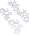 Four bike-shaped 14 in 1 pocket multitool cards with stainless steel construction, showing wrenches and screwdrivers.