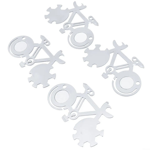 Four bike-shaped 14 in 1 pocket multitool cards with stainless steel construction, showing wrenches and screwdrivers.