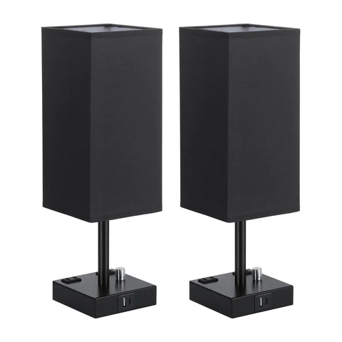 Black Fully Dimmable Nightstand Lamps Set Of 2 With USB C And USB A Ports, 2 AC Outlets, Square Linen Fabric Shade, Bulb Included